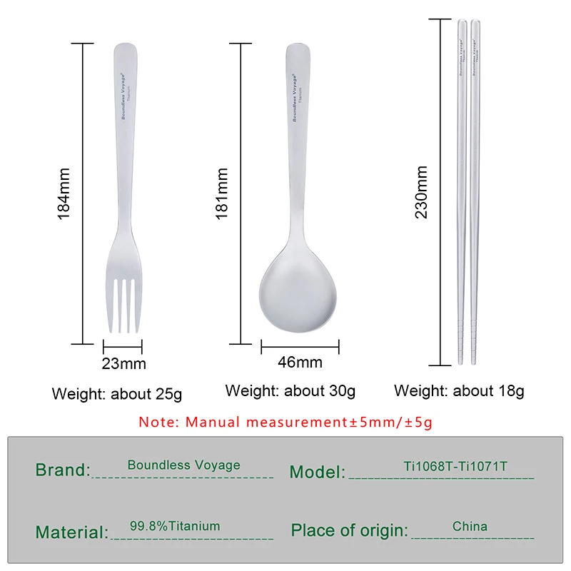 Description Picture 2 of itemBoundless Voyage Titanium Spoon Fork Chopsticks Set Outdoor Camping Ultralight Cutlery Portable Tableware for Soup Pasta 68-71T