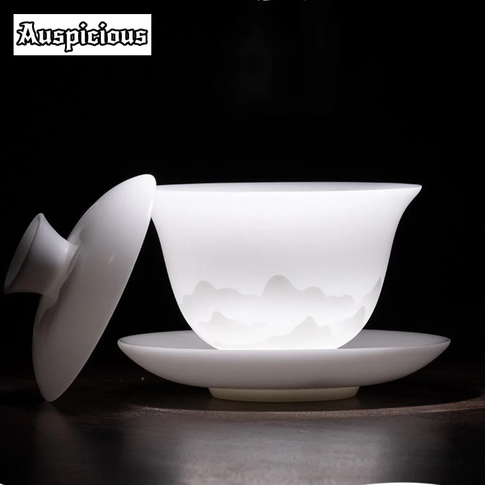 180ml High End Iced Jade Porcelain Gaiwan Vintage Tea Tureen Chinese Tea Maker Cover Bowl Ceremony Accessories Collection
