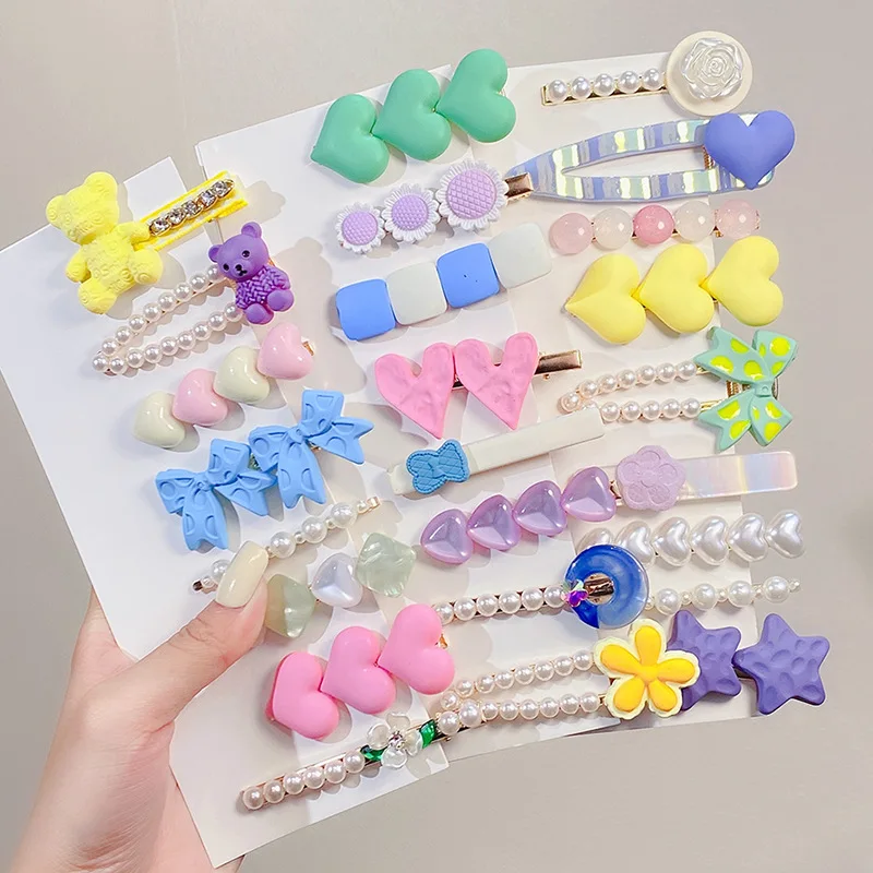 

5PCS/set Sweet Hair Clips for Women Girls Pearls and Acrylic Resin Hairpin Handmade Barrettes Glitter Korean Hair Accessories