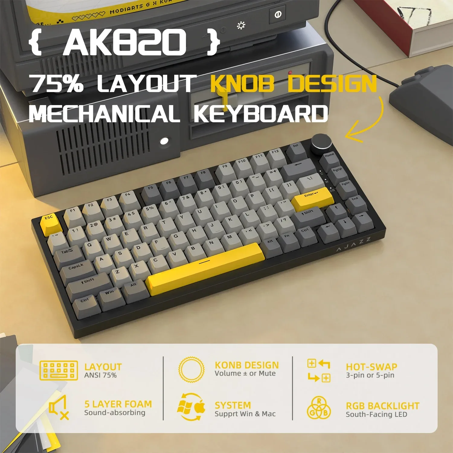 Ajazz AK820/AK820Pro 게이밍 기계식 키보드 블루투스 5.1/무선/C-유선 맞춤형 키보드(노브 포함) 핫스왑 가스켓