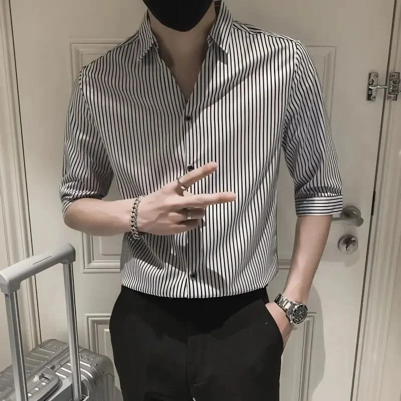 

2023 Summer Spring Men New Korean Slim Fit Dress Shirts Male Striped Business Casual Blouses V-neck Short Sleeve I164