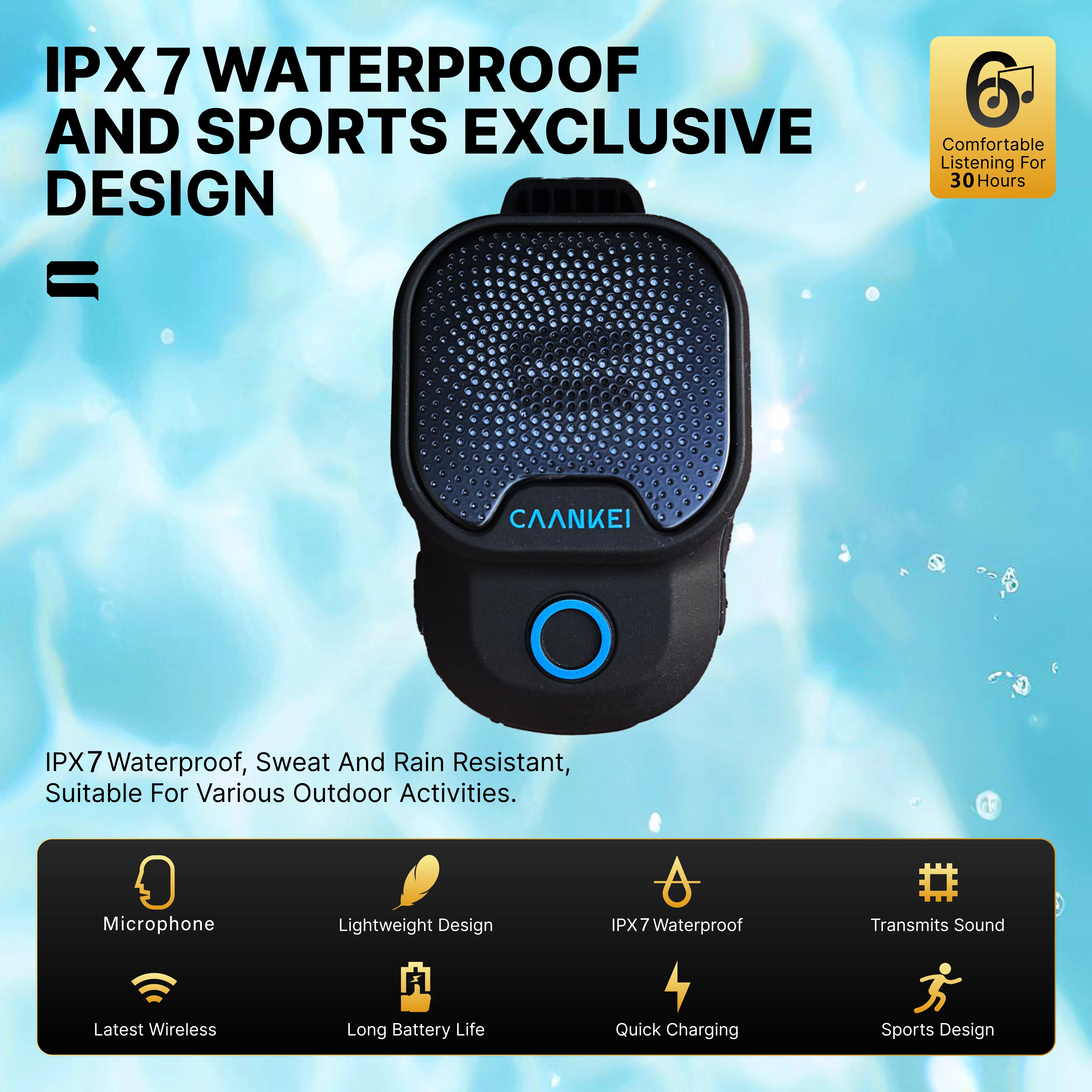 Rugged Waterproof Bluetooth Clip-On Speaker with Built-in Microphone