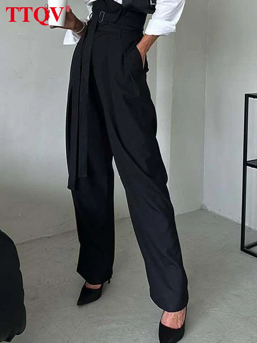 

TTQV Fashion Black Lace-Up Women's Pants 2023 Elegant Solid Straight Trousers Office Lady Casual New Full Length Pants Female