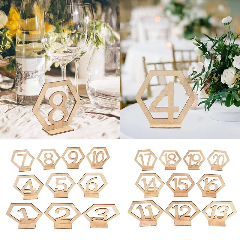 10pcs Wooden Table Numbers 1-20 Wedding Table Numbers with Holder Base Hexagon Shape for Wedding Party Events or Catering Decora