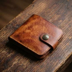 Vintage Slim Bifold Men's Wallet - Handmade Vegetable Tanned Leather with Coin Pocket, Personalized Gift (Brown)
