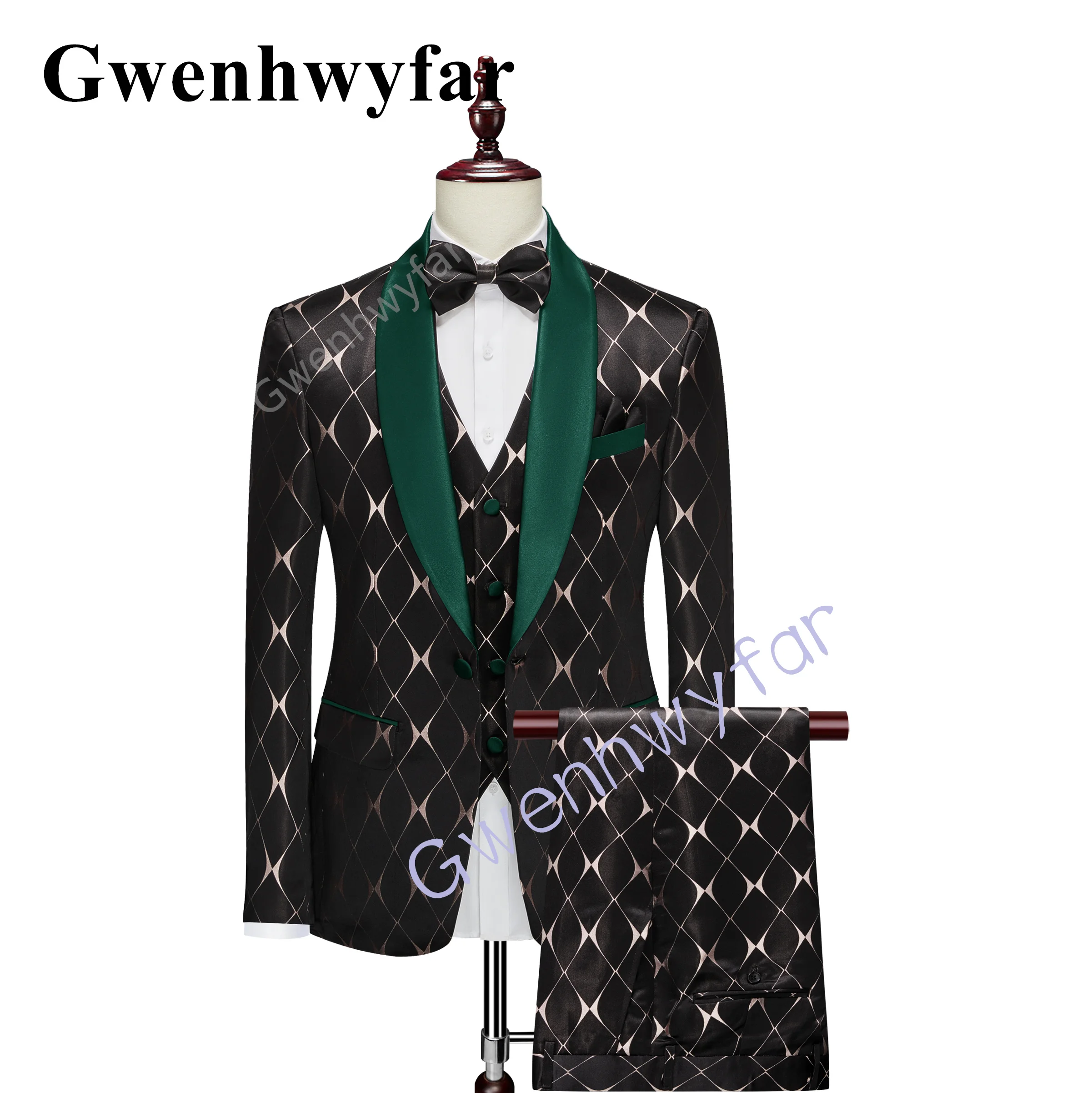 

Новый деловой темно-зеленый мужской модный тренд Gwenhwyfar из 3 предметов для жениха свадебного шафера первоклассный тканевый черный блейзер с принтом