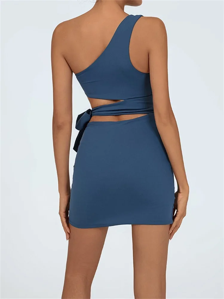 Tennis Dress Women Golf One Shoulder Hollow Out Bandage Slim Fit Fitness Tennis Short Skrit Badminton Dress One-Pieces Yoga Set