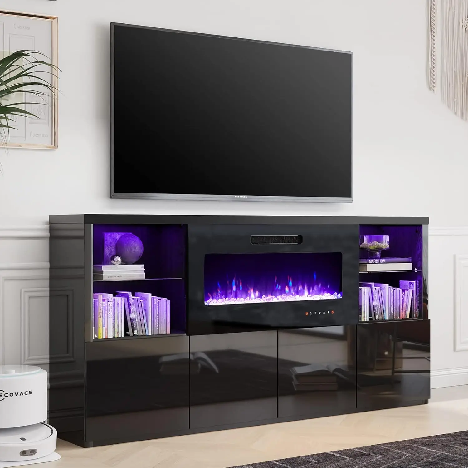 

Fireplace TV Stand for TVs up to 75", Modern High Gloss Entertainment Center with 40" Fireplace, 4 Shelves&Storage Cabinets