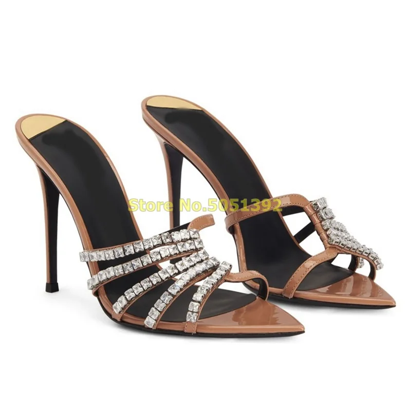 

Crystal Strap Shallow Slip On Slippers Sexy Pointed Toe Stiletto Thin High Heel Fashion 2023 Summer Women Sandals