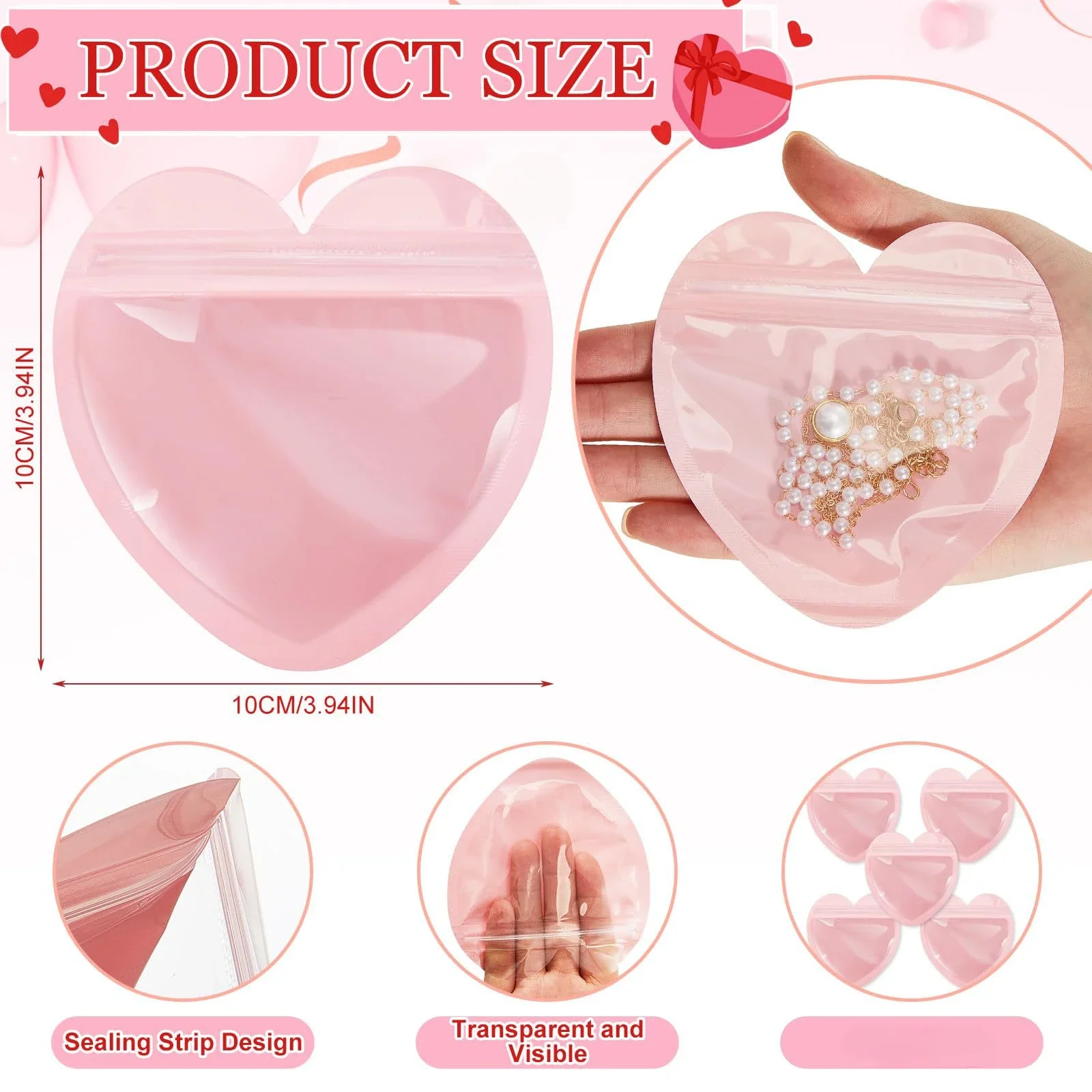 50-200pcs Pink Heart Shaped Packaging Bags Gift Bag Transparent Jewelry Resealable Bag For Valentine's Day Wedding Birthday Gift