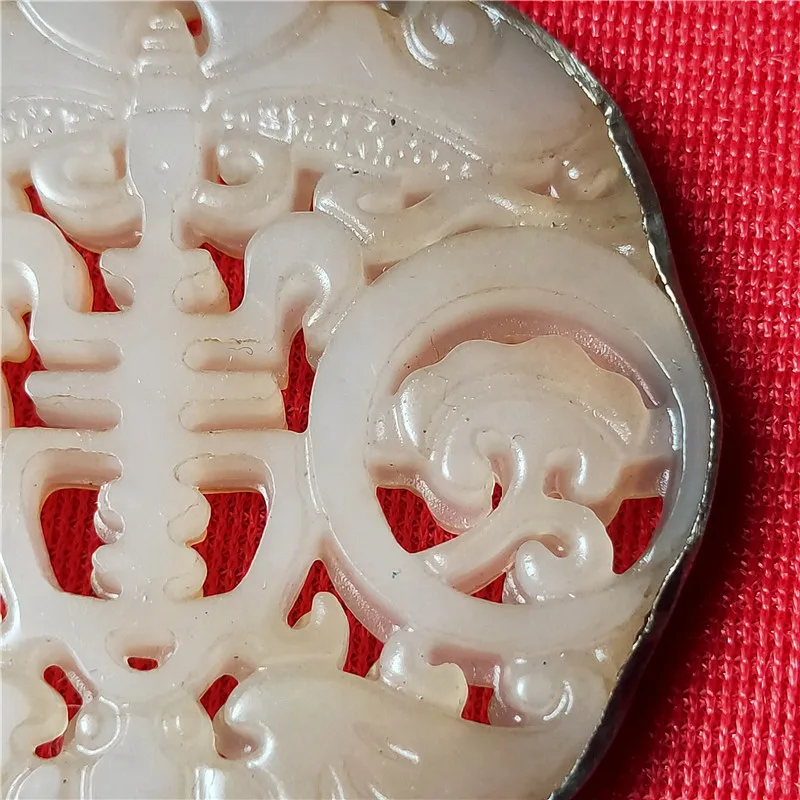 Handicraft old silver bag jade hollow auspicious knot white jade brand patina