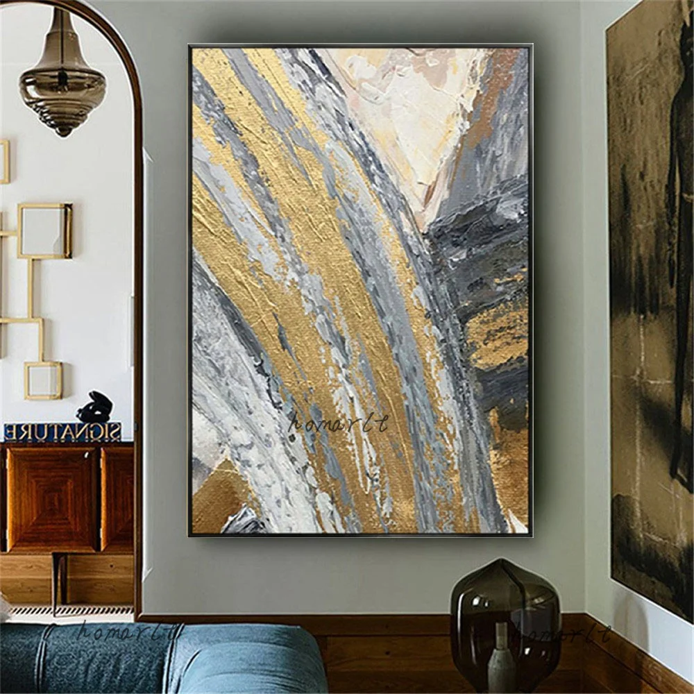 

Vintage Mural Hand-Painted Abstract Painting Decor Home Oil Paintings On Canvas Gold Lines Texture Wall Art Pictures Room Poster