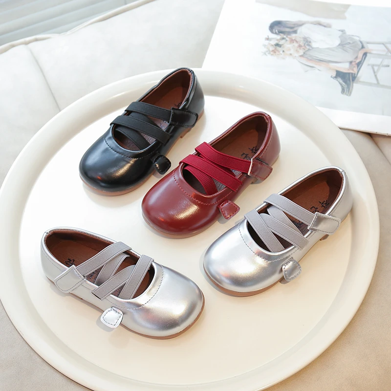 New Spring Little Girls Leather Shoes Fashion Black Red Versatile Kids Causal Princess Shoes Simple Children's Flats Round-toe