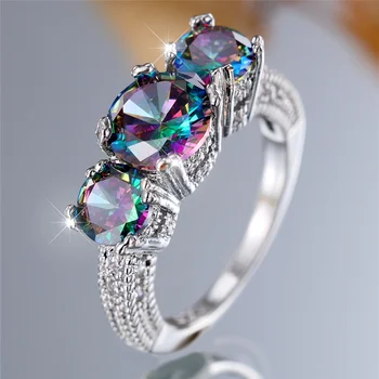 Female Rainbow Round Zircon Stone Finger Engagement Ring Vintage Silver Color Wedding Band Bridal Jewelry For Women
