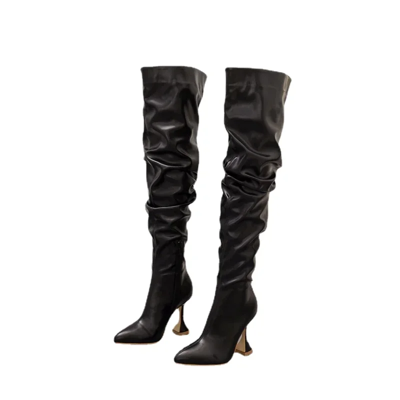 Winter Leather Boots Women Stiletto Pointed Toe Heeled Knee Boots Wine Glass Heel Side zipper Thigh Gigh Booties,women high heel boots