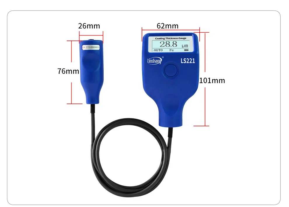 Thickness Meter LS221 Coating Gauge Mil Gage Dry Film 0-5000μm for Ferrous Non-f