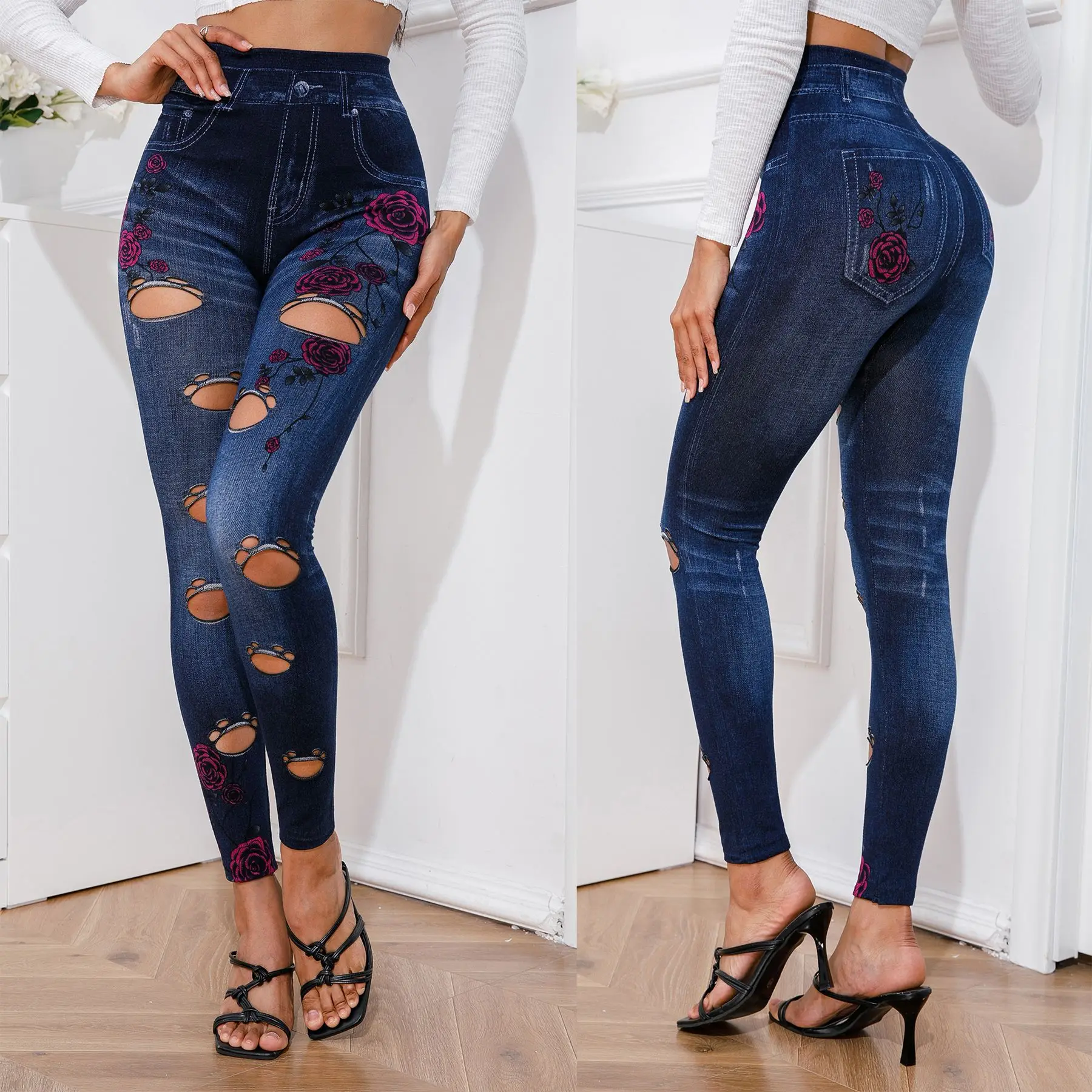 

2023 New Sexy Women's Jeggings High Elastic Broken Holes Printing Imitation Jeans Knit Denim Legging