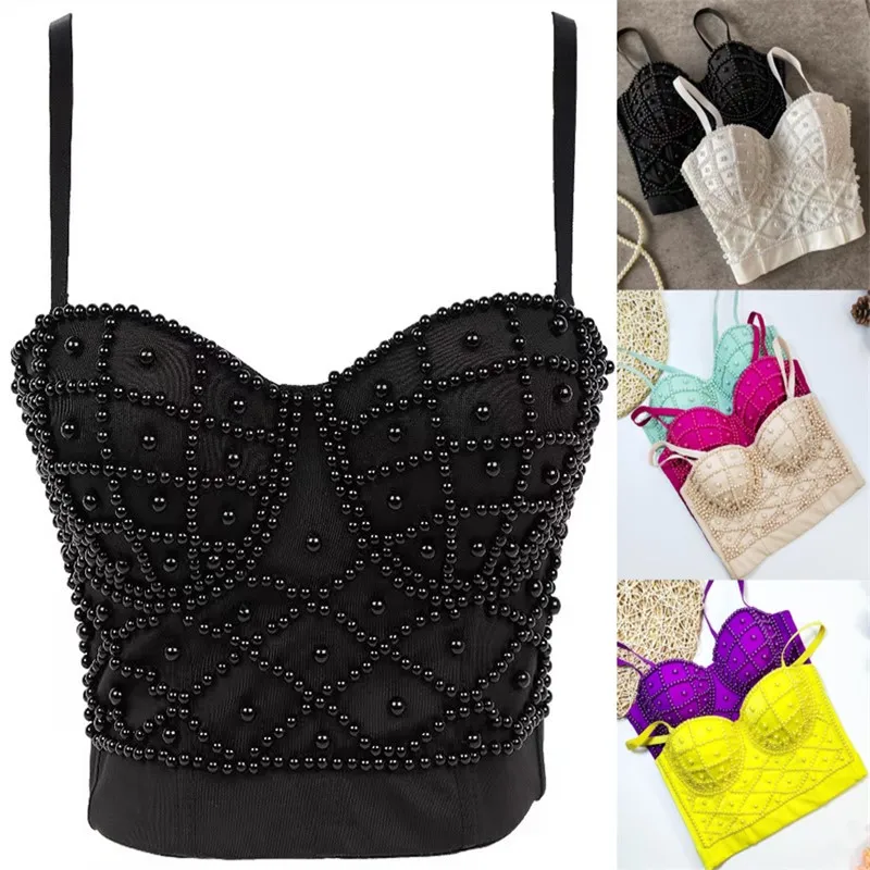 

Elegant Pearls Women Corset Top Sexy Lady Bustier Camis Nightclub Sexy Girls Beadings Padded Push Up Vest Bead Work Tanks Tops