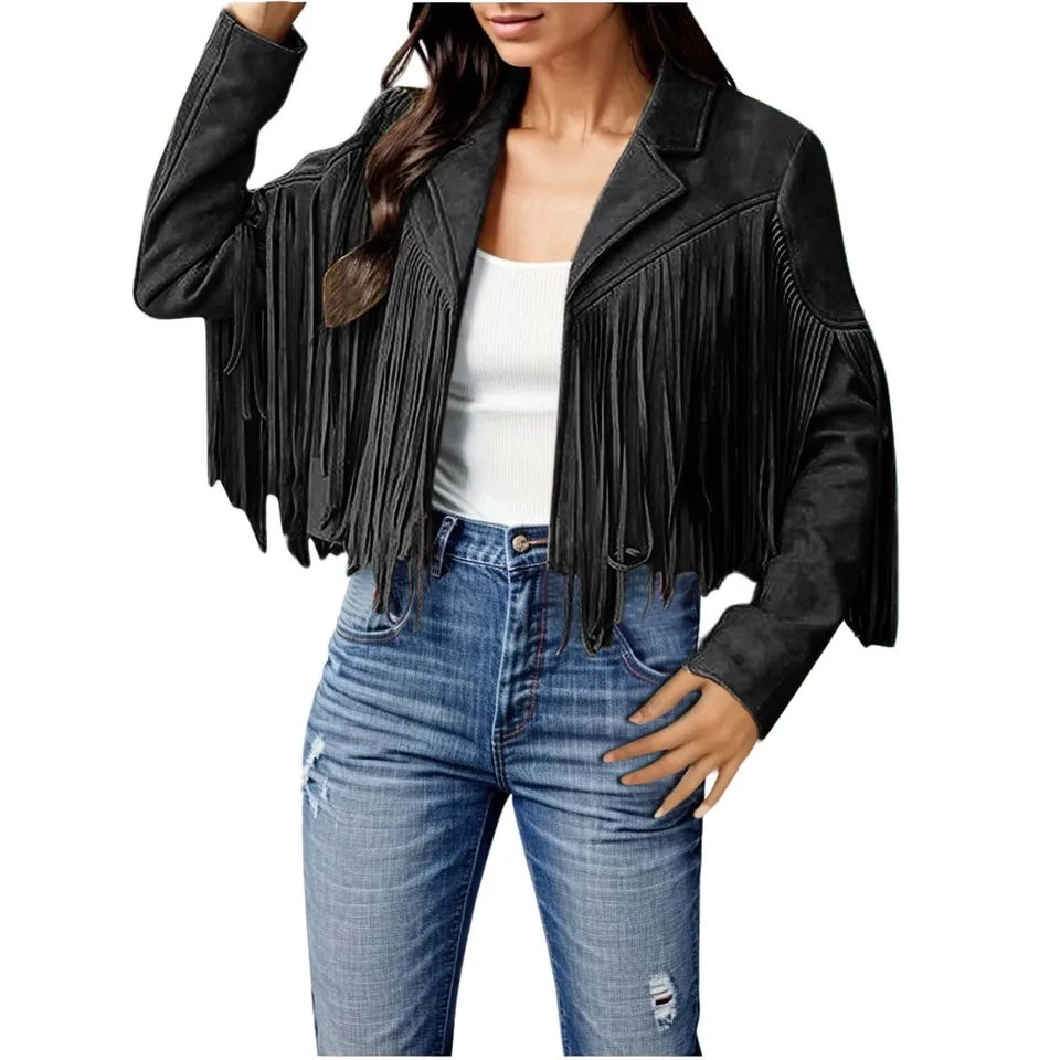 Elegant Women's Cropped Tassel Leather Jacket