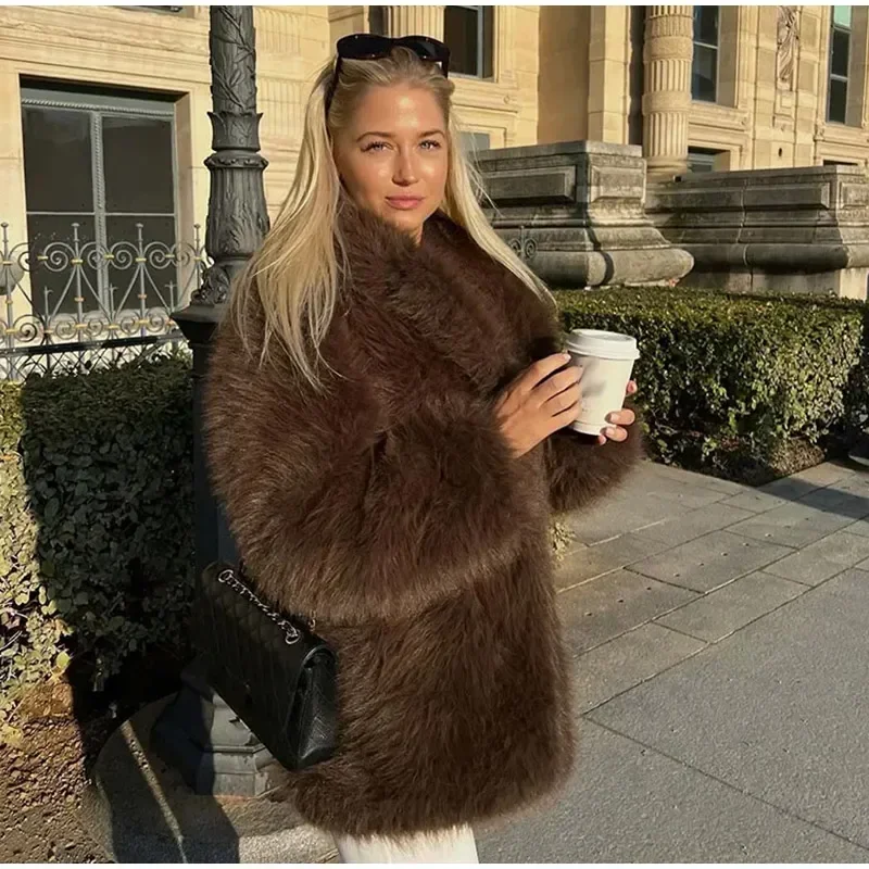 Luxury Brown Faux Fur Coats Women Fashion Full Sleeve Lapel Long Warm Jacket Winter Fluffy Thick High Street Outerwear New