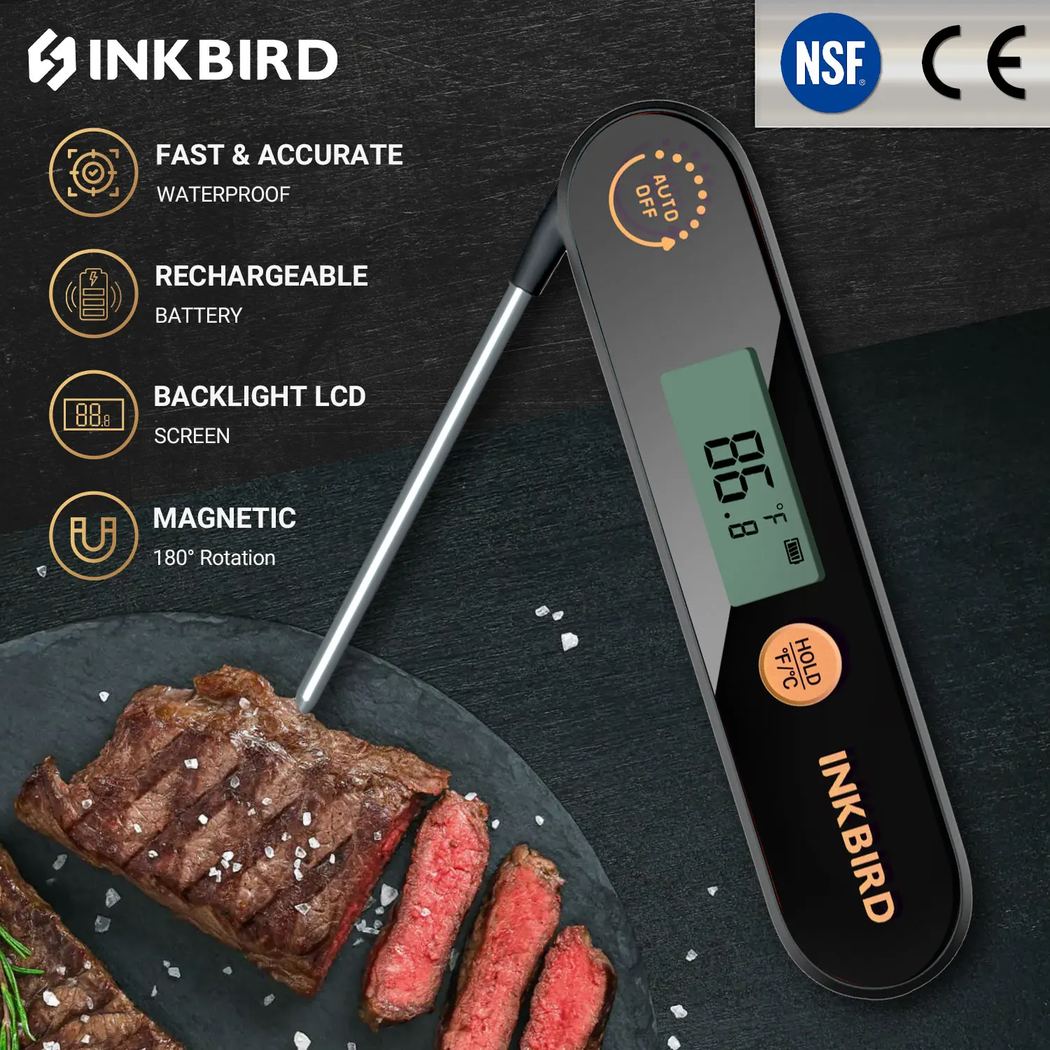 Digital Thermometer INKBIRD IHT-1X Meat Thermometer with Foldable Probes IPX5 Waterproof Rechargeable for BBQ Deep Fry