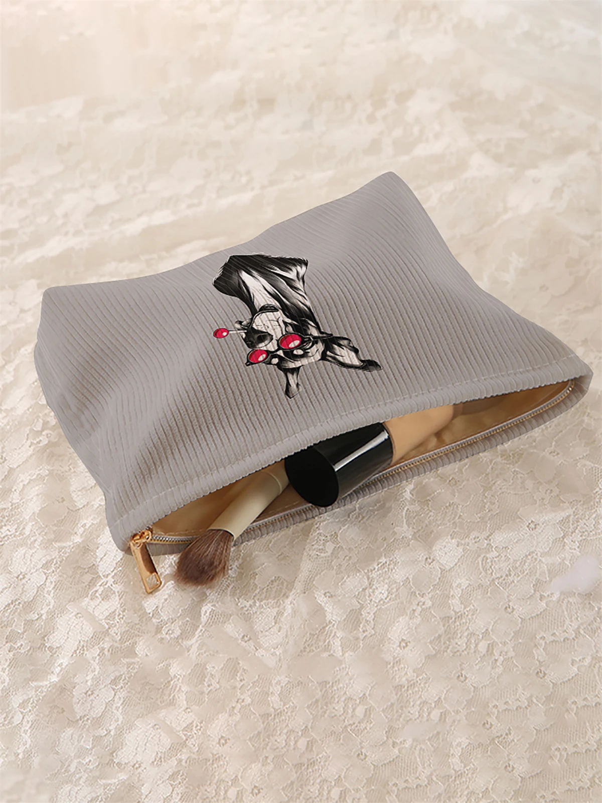 1 dog patterned corduroy makeup bag, lightweight zipper makeup storage box, multifunctional bag with lining