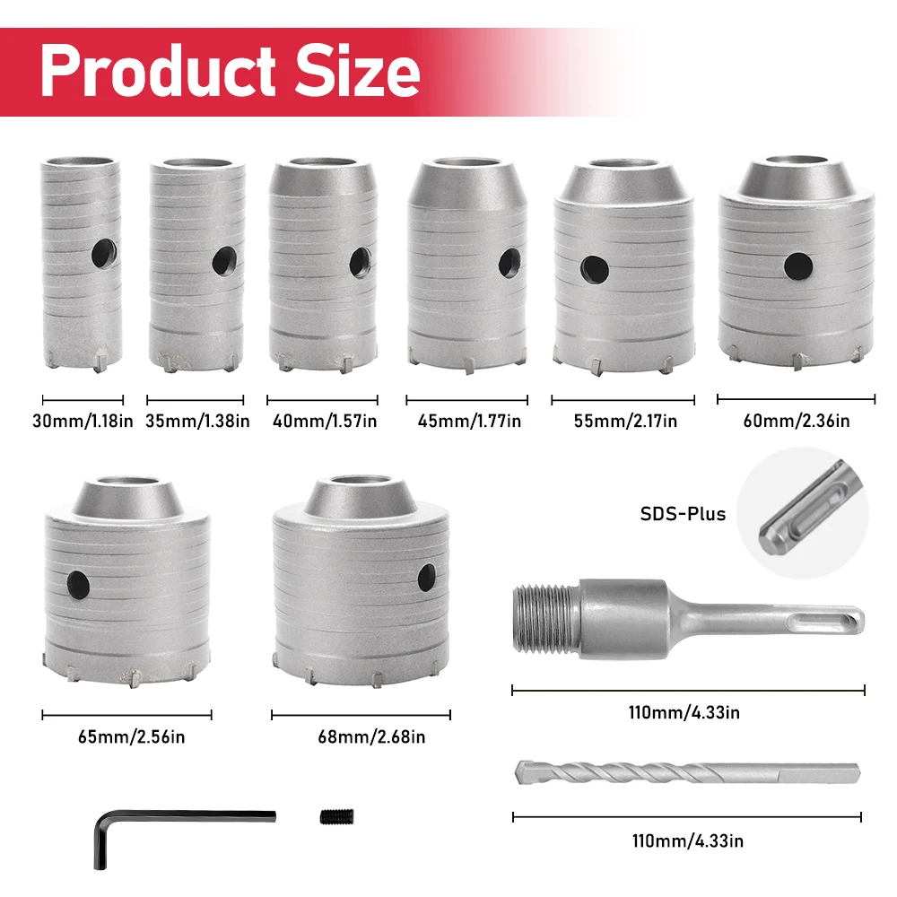 30-100mm 콘크리트 벽 홀쏘, SDS 플러스 샹크 임팩트 드릴 비트, 콘크리트, 벽돌, 석재 및 벽에 드릴링하기에 적합