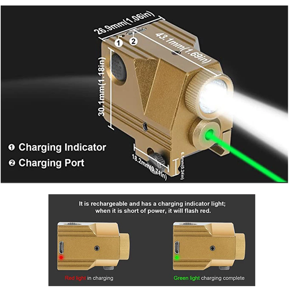 

600 Lumens Tactical Flashlight With Green Laser Sight Combo USB Rechargeable Strobe Mode Weapon Light Picatinny Rail