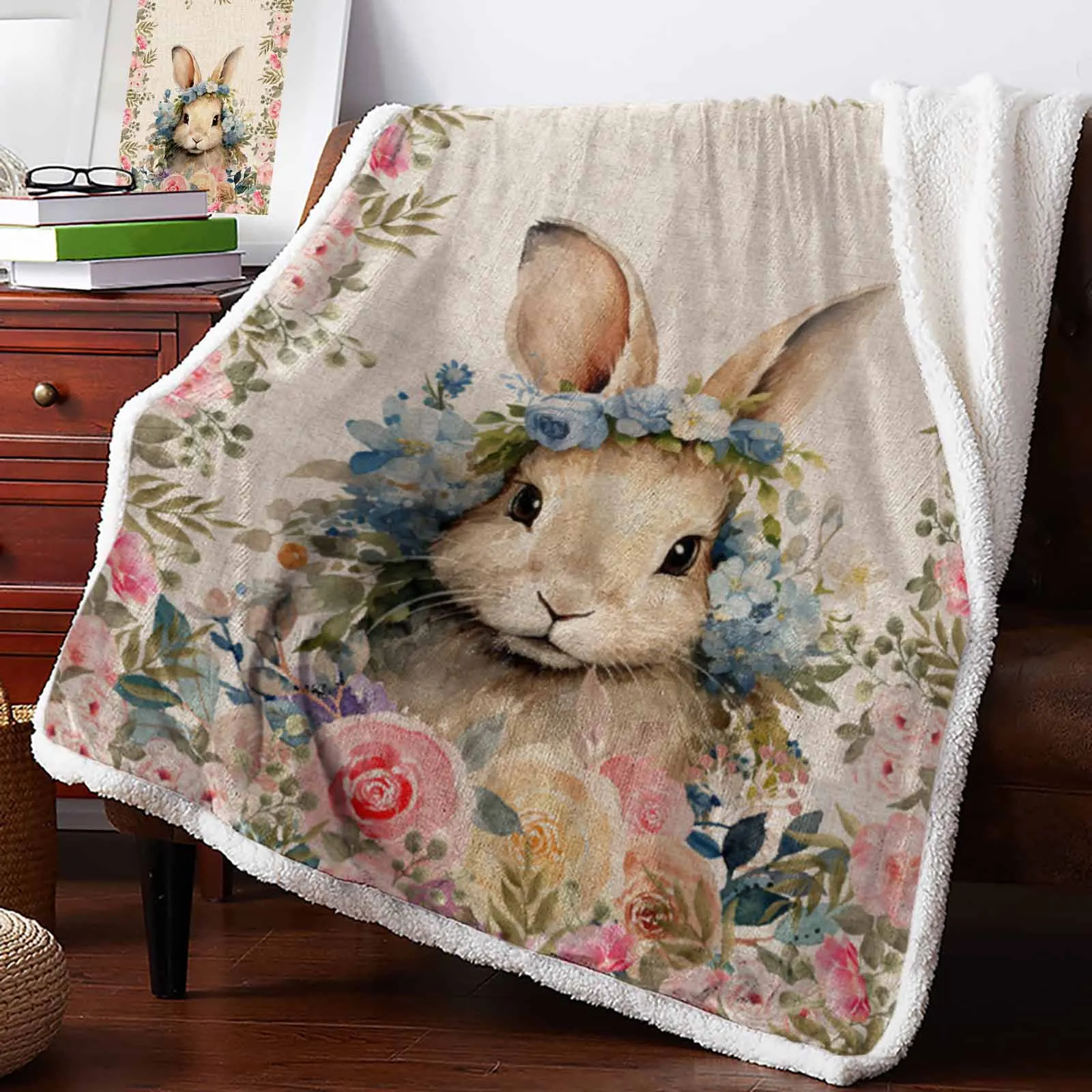 

Easter Bunny Watercolor Flowers Cashmere Blanket Winter Warm Soft Throw Blankets for Beds Sofa Wool Blanket Bedspread