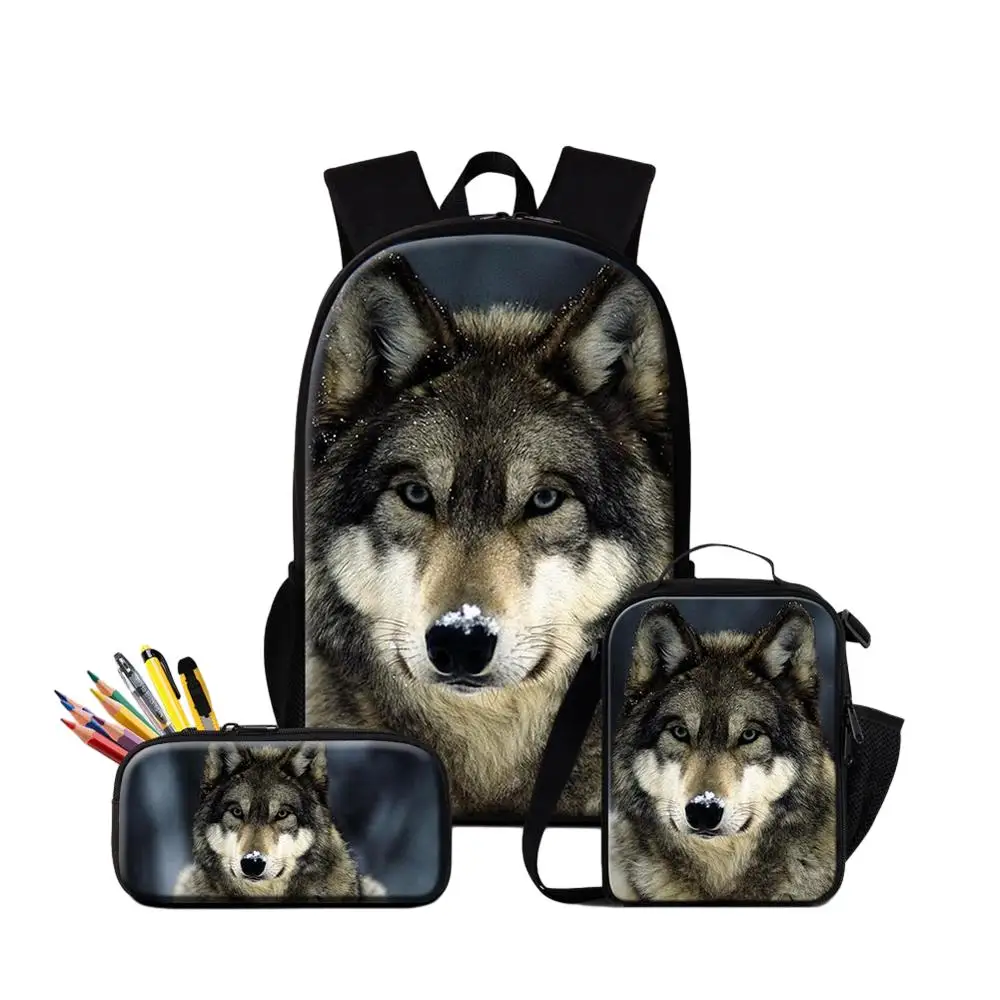 3PCS Set Wolf Printing Lightweight Schoolbags For Boys Multifunctional Backpack With Penbox Lunch Bag For School Custom Bookbag