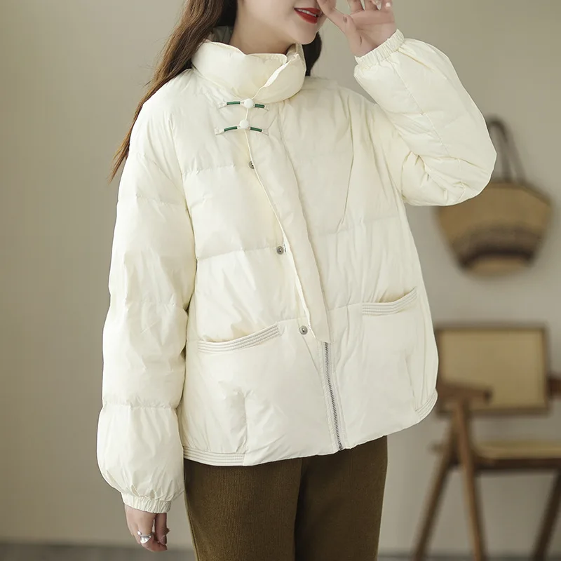 

2023 Winter Trendy New Retro Buckle down Jacket Short Coat Women's Stand Collar Fashionable Warm Jacket