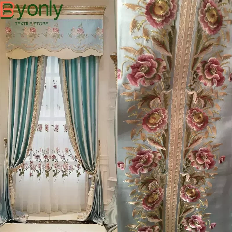

Customized American Pastoral Embroidered Window Screen Gloss Splicing Curtains for Living Room Bedroom French Window Balcony