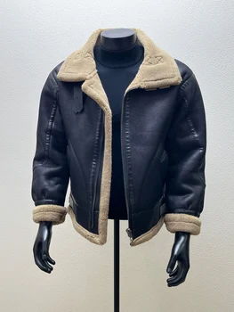 Men's Biker Style Faux Leather Jacket Autumn Winter Thickened Lined Sheepskin Fur Vest  Outerwear Casual Fashion