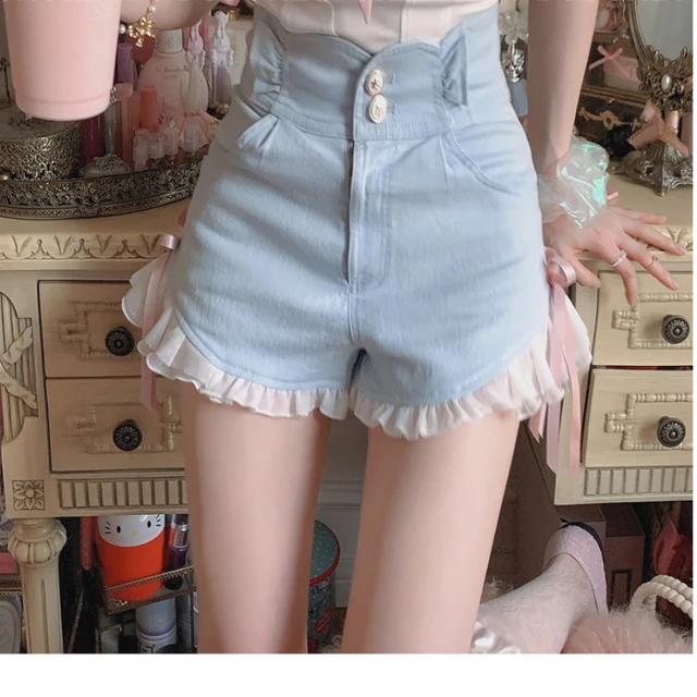 Pink Japanese Kawaii Two Piece Set Women Summer Sweet Lolita Shorts Suit  Female Print Bare Shoulder Blouse + Wide-leg Shorts New, Beyondshoping