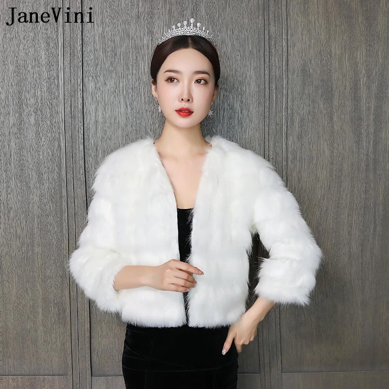 JaneVini Gorgeous White Fur Shawl Bride Coat Jacket for Wedding Dress Women Faux Fur Boleros Wraps Stoles Bridal Evening Jackets