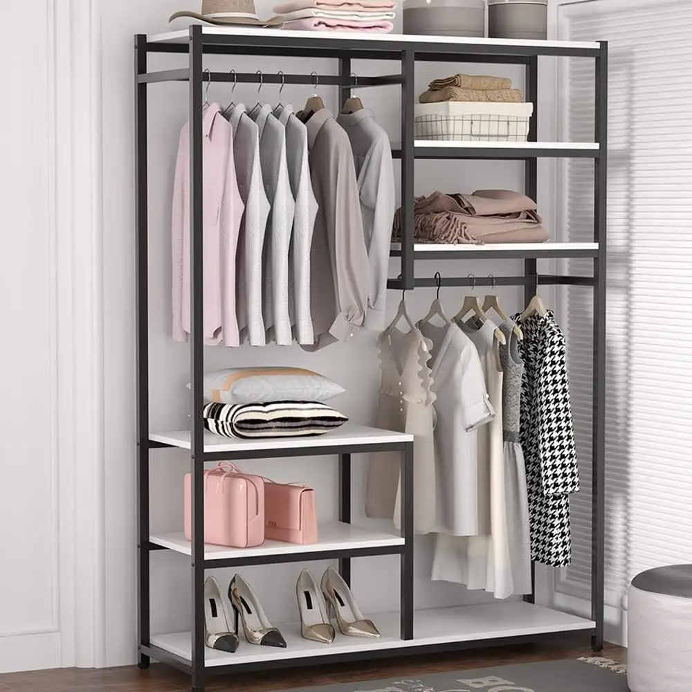 47" Free-standing Closet Organzier, Double Hanging Rod Clothes Garment Racks w/Storage Shelvels, Metal Closet Clothing Shelving