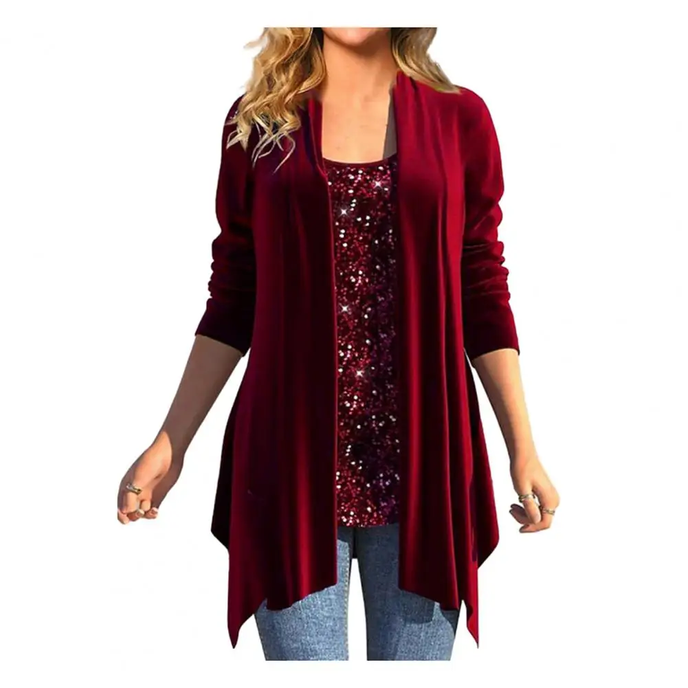 

Women Blouse Top Shiny Sequin Fake Two-piece Irregular Hem Long Sleeve Velvet Loose Solid Color U Neck Fall Spring Lady Blouse