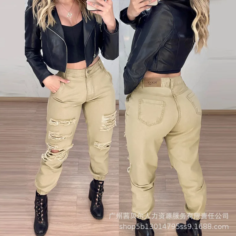 

Wepbel Y2K Khaki Cargo Pants Women Leisure Ripped High Waist Ankle-Tied Overalls Trousers Hole Washed Pockets Pencil Pants