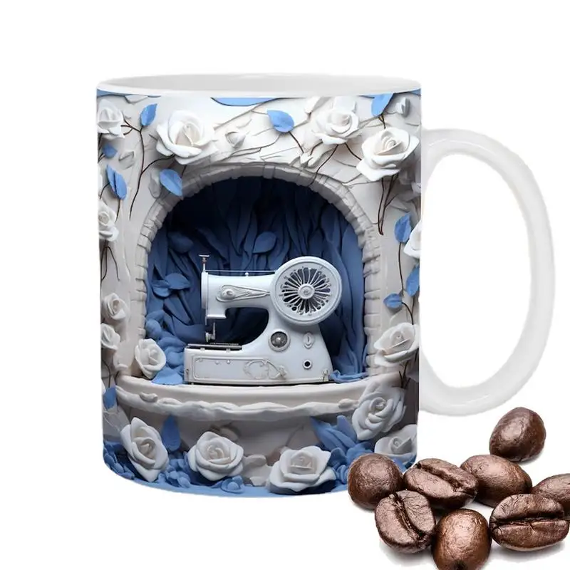 

Кофейная кружка для работы, 350 мл, керамическая кофейная кружка, дорожная кружка для бара, кофейни, чашка для воды с ручкой, 3D плоская окрашенная швейная машина с узором