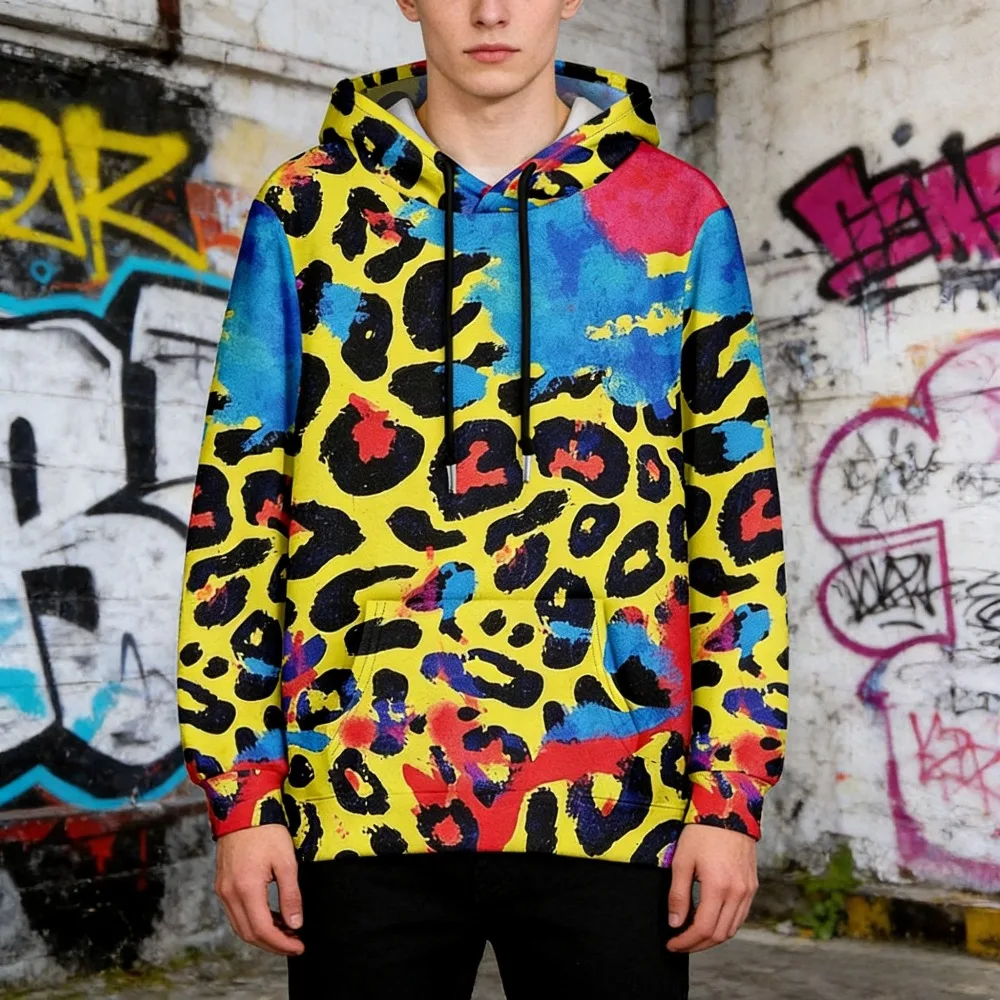 Bunter Animal-Print-Hoodie für Herren, abstrakter Leoparden-Streetwear-Pullover, kräftiges Grafik-Sweatshirt für Ausgehen und Freizeitkleidung