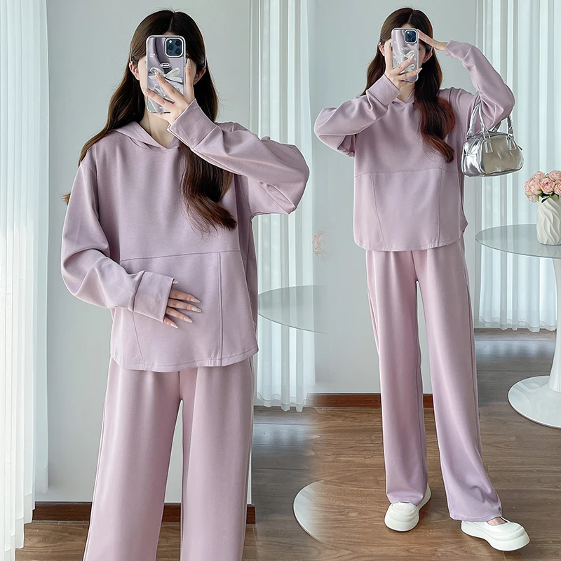 D70664# Maternity Tops+Pants Two-piece Maternity Clothes T Shirt Sets Belly Support Pants Hoodie 2 Pcs Clothing