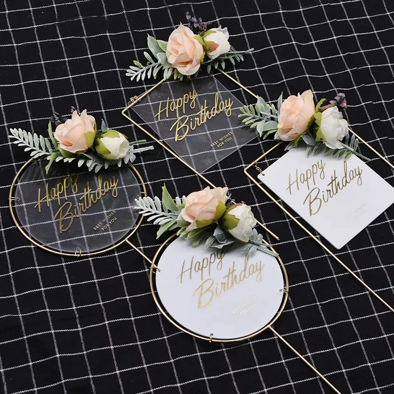 Metal Happy Birthday Cake Topper Artificial flowers Cake Toppers For DIY Baby Shower Birthday Party Decoration Baking Decor party decorations birthday party supplies cake topper cake decorations cake toppers 1Pcs