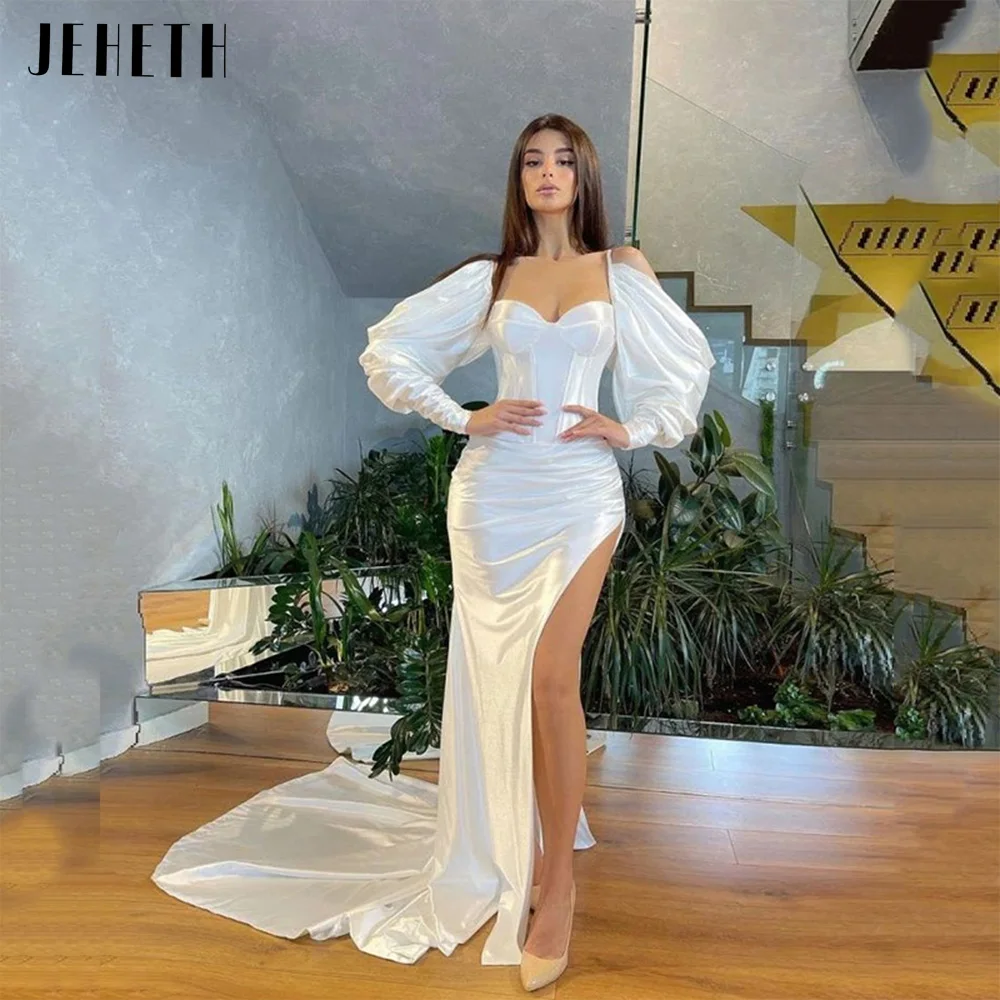 

JEHETH Sexy Soft Satin Puffy Sleeves Evening Party Dress Mermaid Sweetheart Side Split Backless Celebrity Prom Gown Sweep Train