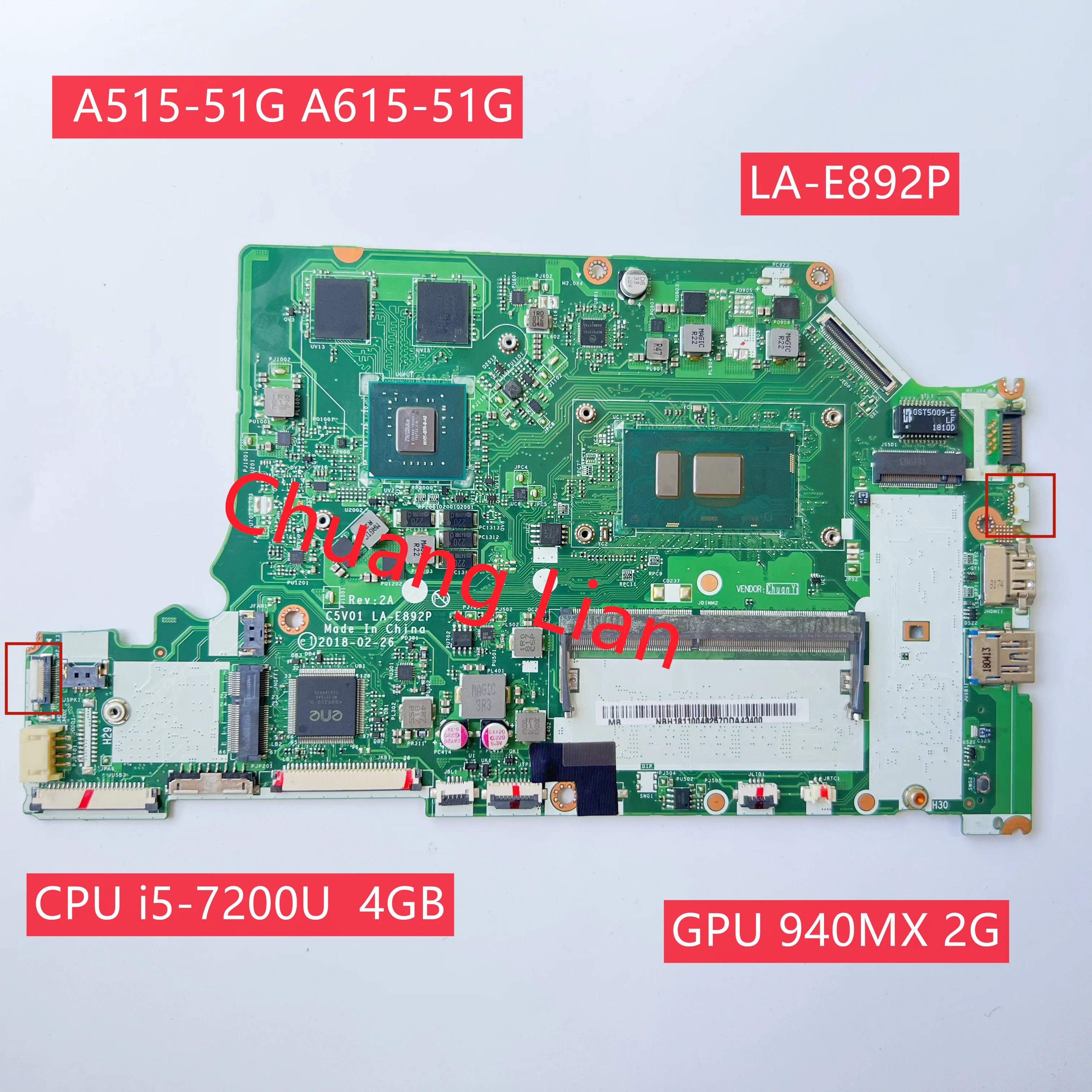 LA-E892P For Acer Aspire N17C4 A515-51G A615-51G A315-53G Laptop Motherboard  With CPU i5-7200U 4G-RAM GPU N16s-GTR-S-A2  2GB