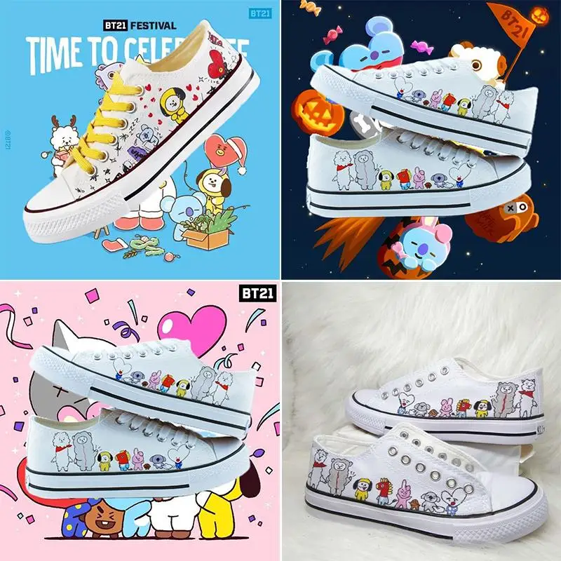 

Kawaii Мультфильм Bt21 повседневные холщовые туфли ручная роспись ТАТА Rj кулинарный узор кроссовки для девочек мальчиков ежедневные универсальные низкие ботинки на плоской подошве