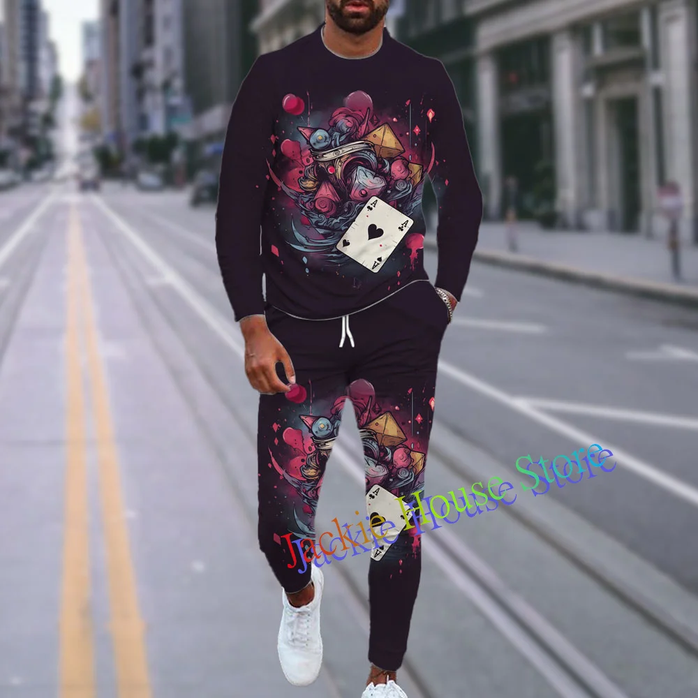 2023 Fashion Men Tshirt Suit Tracksuit Poker 3D Printed Sportswear Short Sleeve T-shirt+Long Pants 2 Piece Set Male Clothes