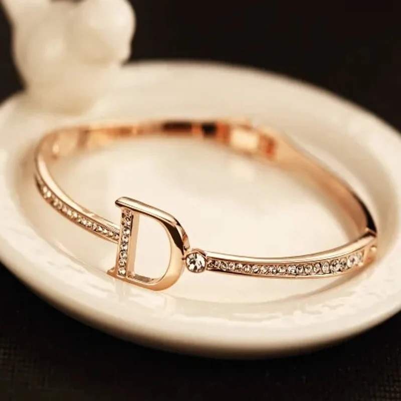 Bangle bracelet crystal bracelets Simple Rose Gold Silver Color Bangles Letter Crystal Cuff Bracelet & Bangle For Women Girls Female