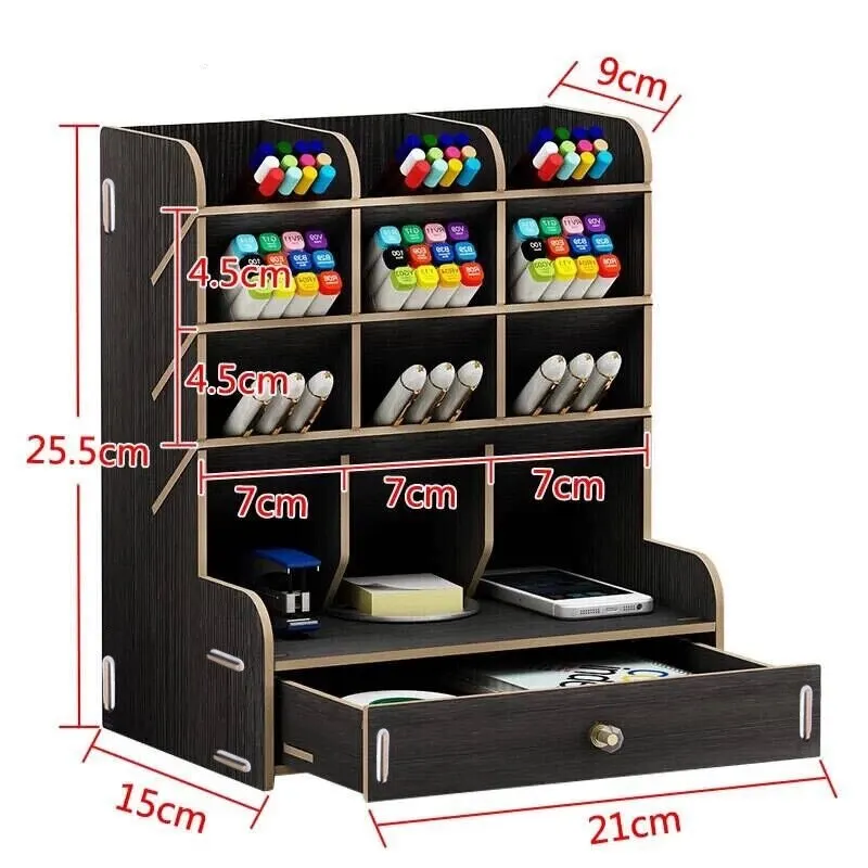 Pencil Holder Wooden Desk Organizer Drawers 12 Compartments Pen Holder Storage Box Art Supply Organizer Desktop
