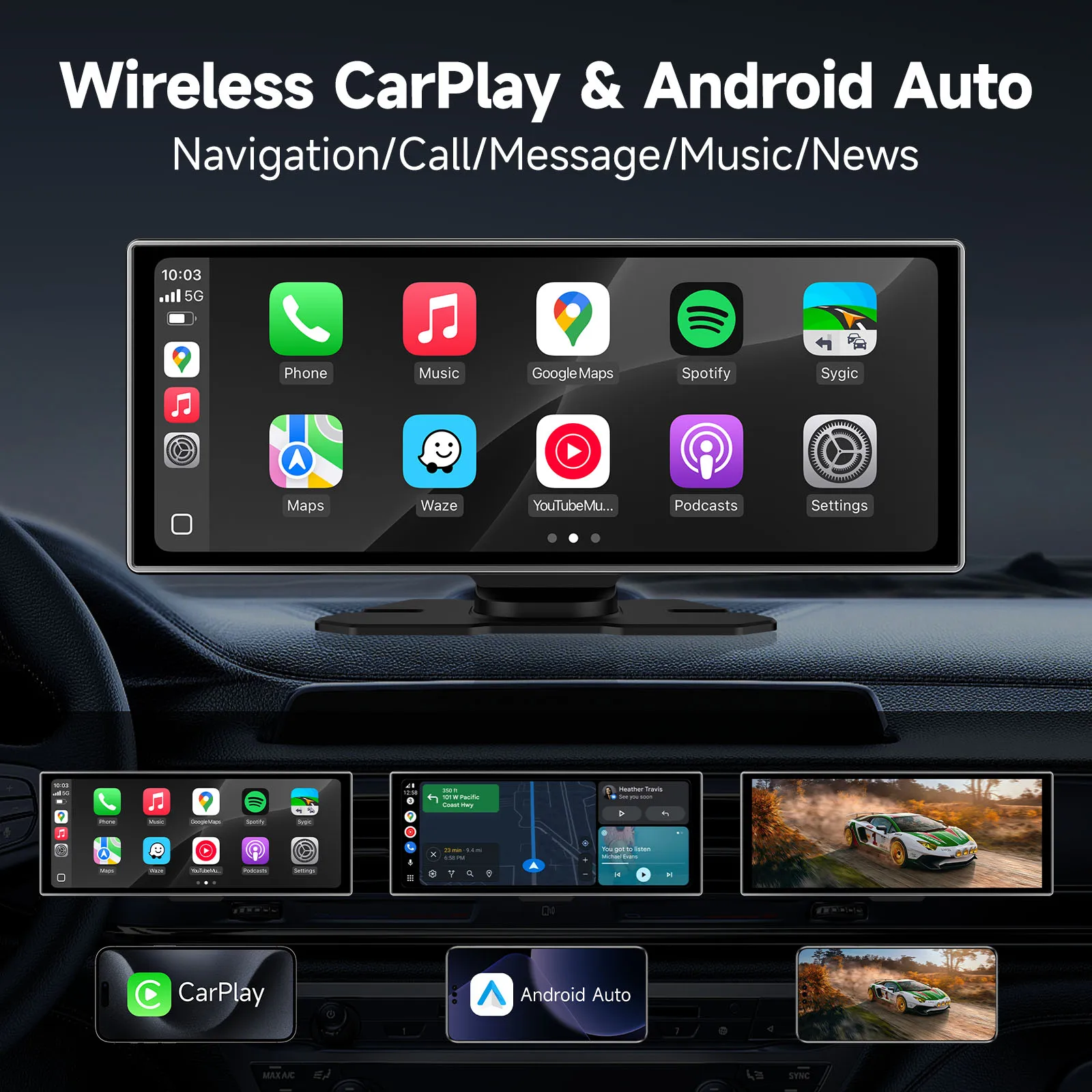 11.26 inch Car Touch Screen Multimedia Video Player Portable 4K DVR Wireless CarPlay Android Auto Dual Lens Driving Recorder