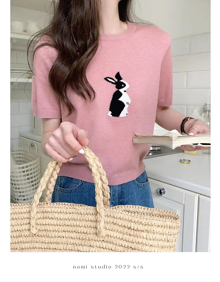 ice silk knitted short sleeve women Korean white rabbit cotton thread T shirt summer new bottom top cotton and linen half sleeve